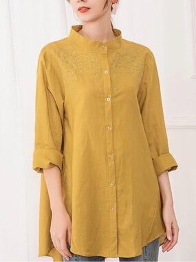 Embroidered Mustard Yellow Button-Front Tunic